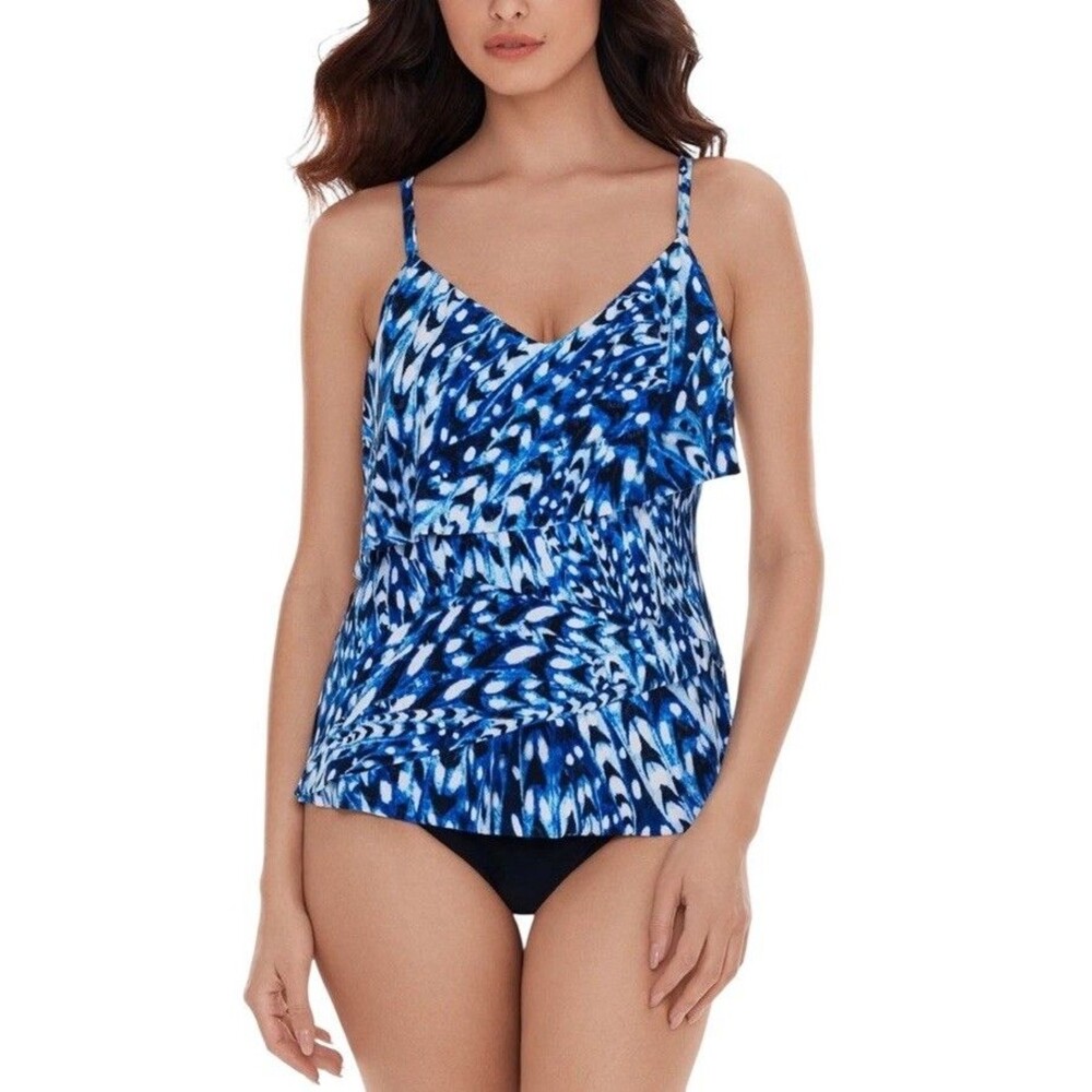 Miraclesuit Tankini Top Chloe Size 8 Blue White Abstract Print Layered NEW